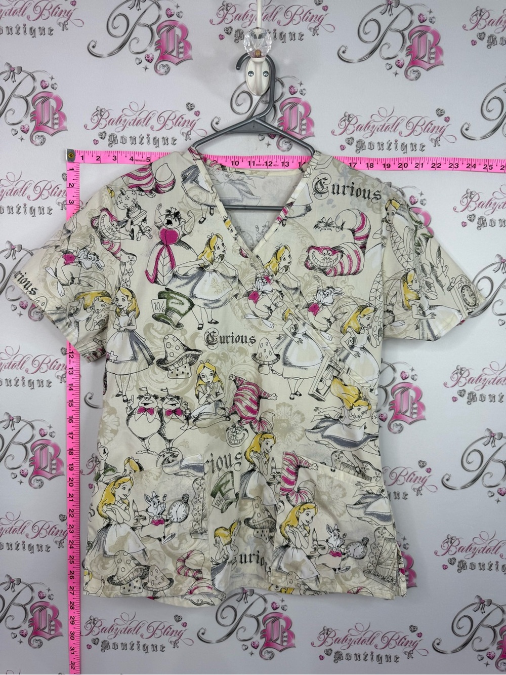Alice in Wonderland Print Medical Scrub Top - Cream with Pink & Yellow Accents
